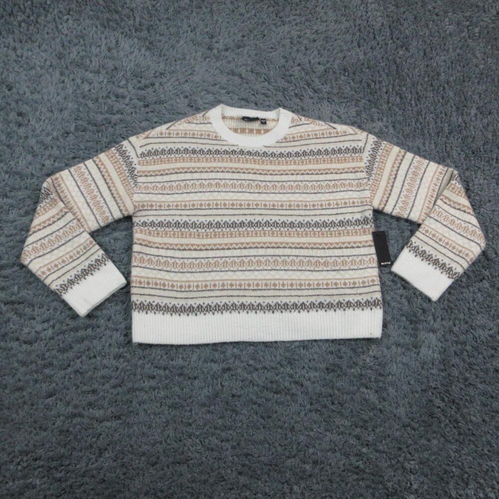 RD Style Sweater Womens S White Fair Isle Pullover Polyester Spandex Knit NWT